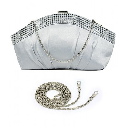 Evening Bag - 12 PCS - Satin w/ Rhinestone Frame Closure - Silver - BG-EBS1144SL